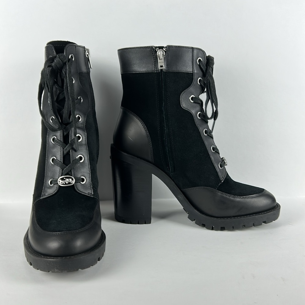 Coach Black Hedy Lace Up Platform Lug Sole Booties size 10